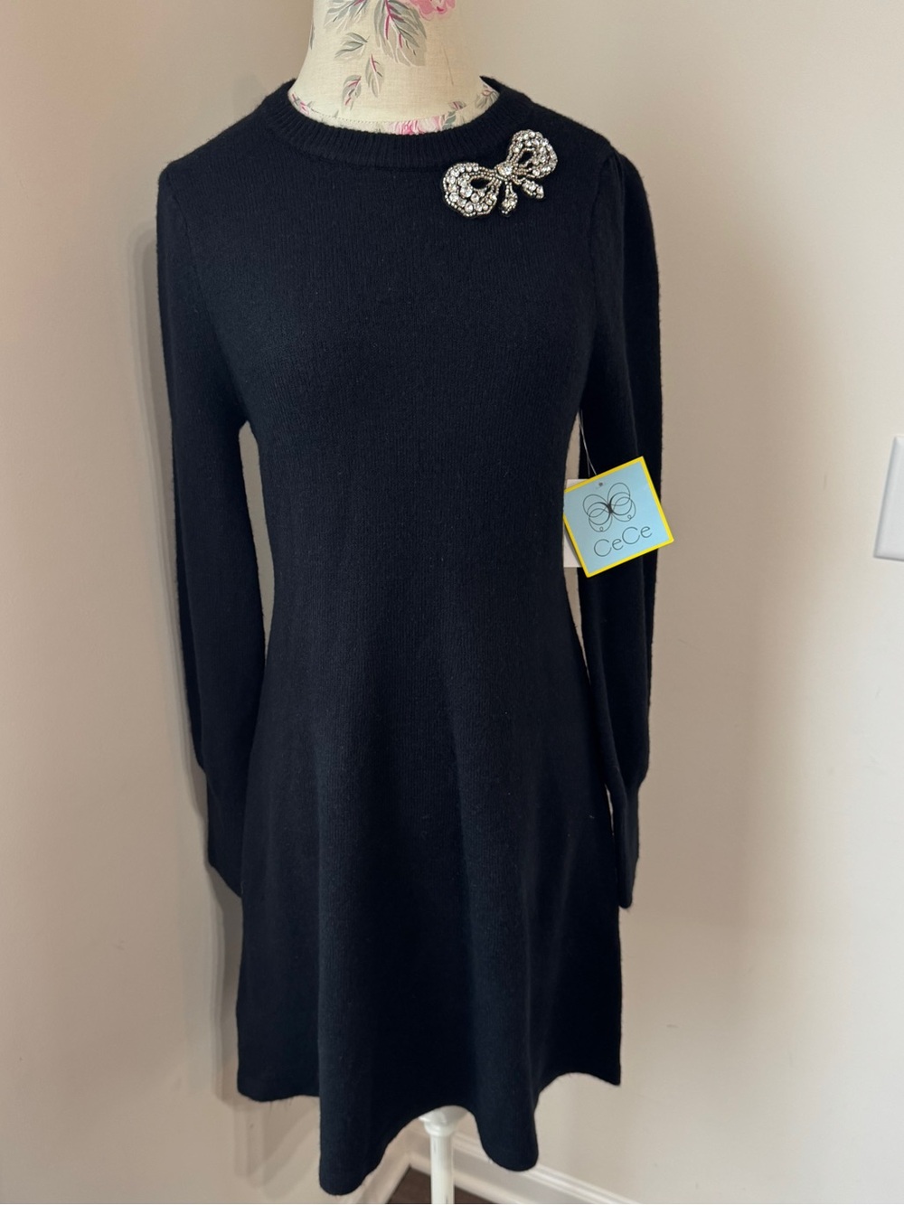 CeCe Rhinestone Bow Long-Sleeve Sweater Dress